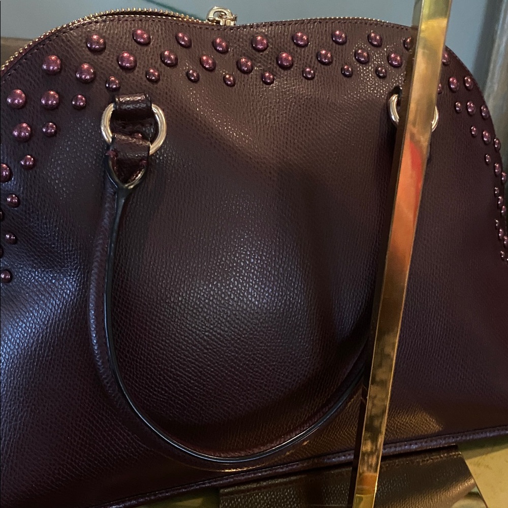 Coach Cora Domed Satchel with Border Studs in Burgundy Crossgrain Leather - Picture 5 of 13